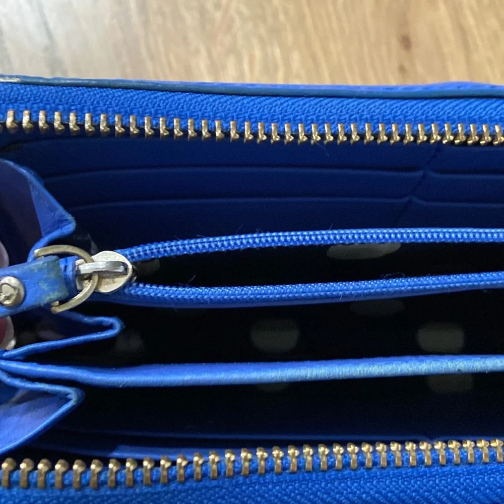 Kate Spade Women’s Royal Blue Gold Leather Textured Shinny Zipper Long Wallet